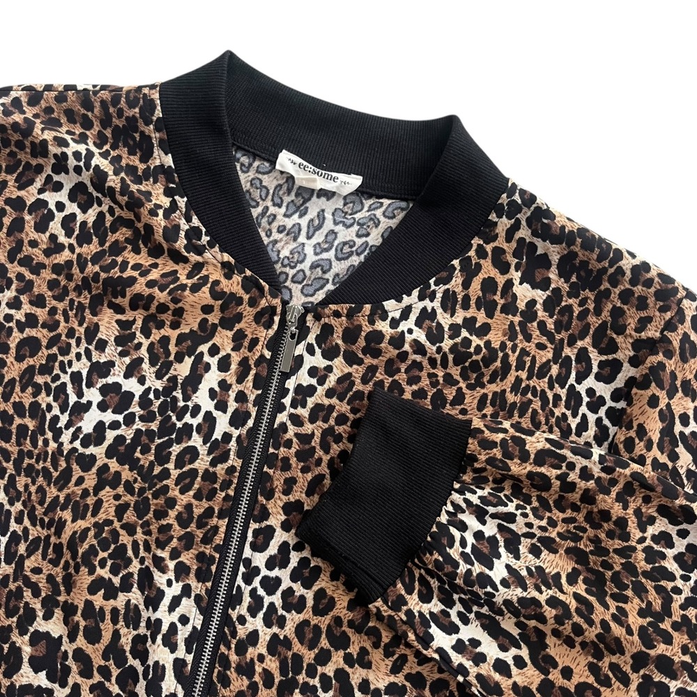 ee:some Women L Black Brown Leopard Print Full Zip Bomber Jacket Boho Streetwear